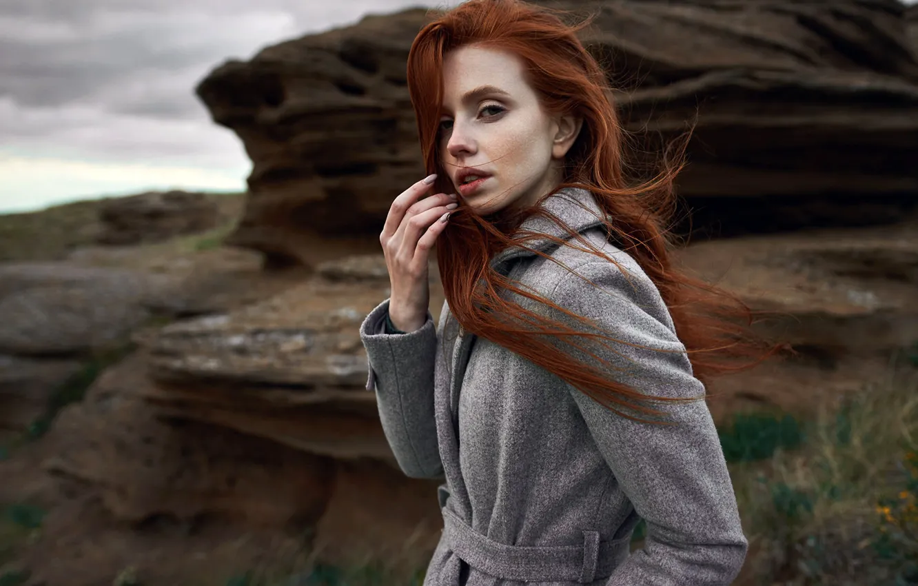 Photo wallpaper look, stones, background, rocks, model, portrait, makeup, hairstyle
