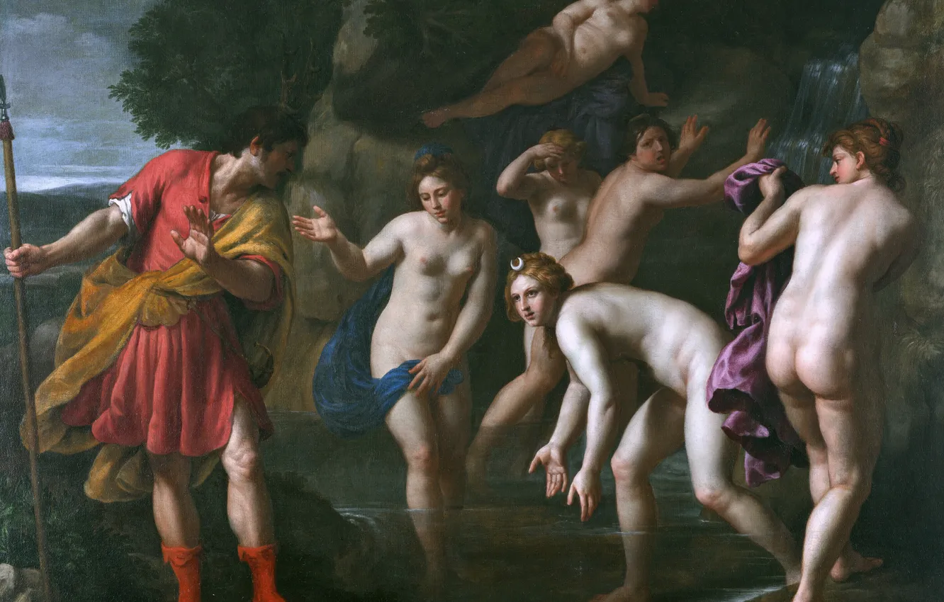 Photo wallpaper girl, picture, male, naked, Italian painter, Diana and Actaeon, Alessandro Turchi, Alessandro Turchi