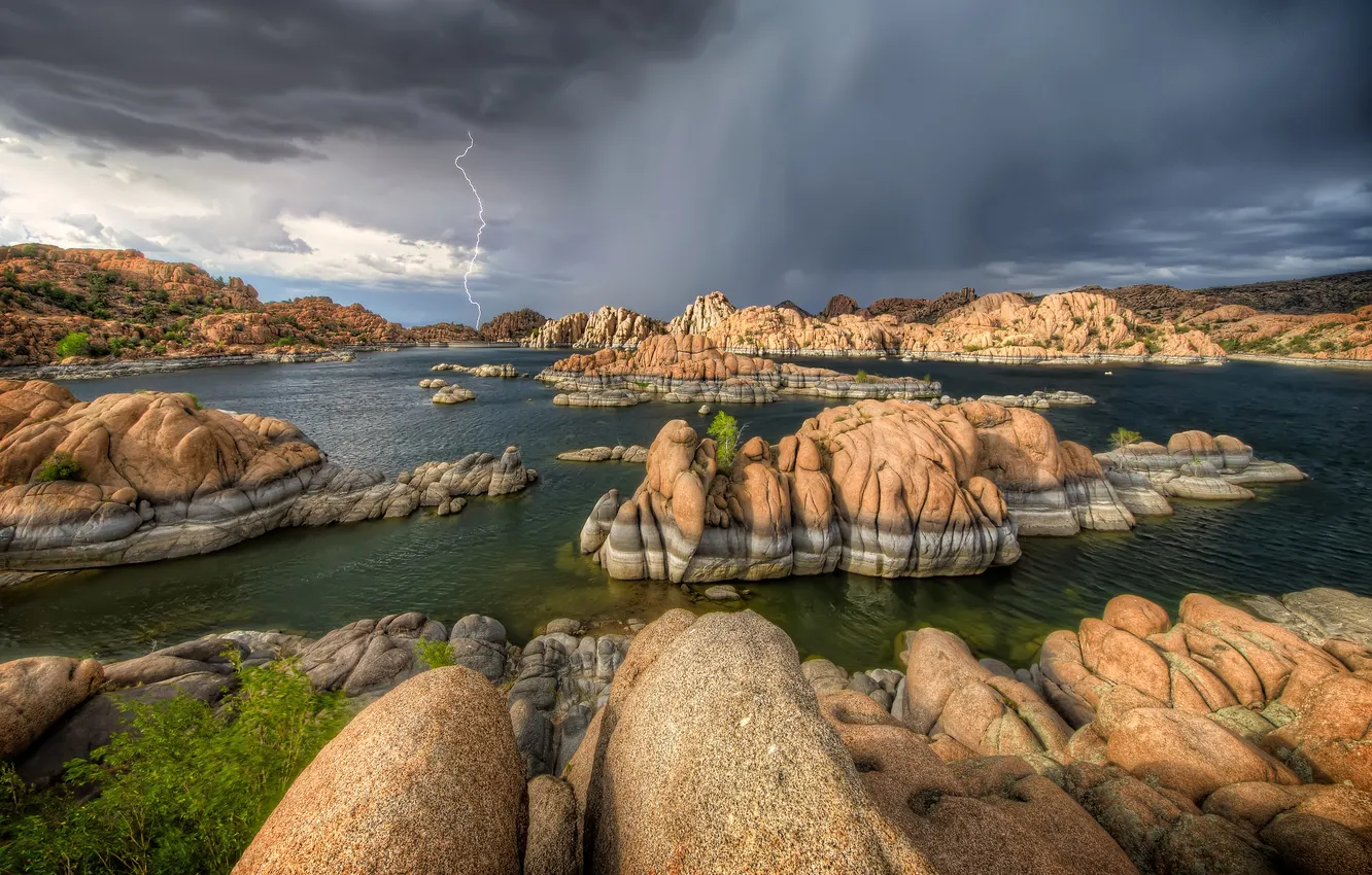 Photo wallpaper the storm, clouds, lake, stones, lightning, USA, Arizona, Prescott