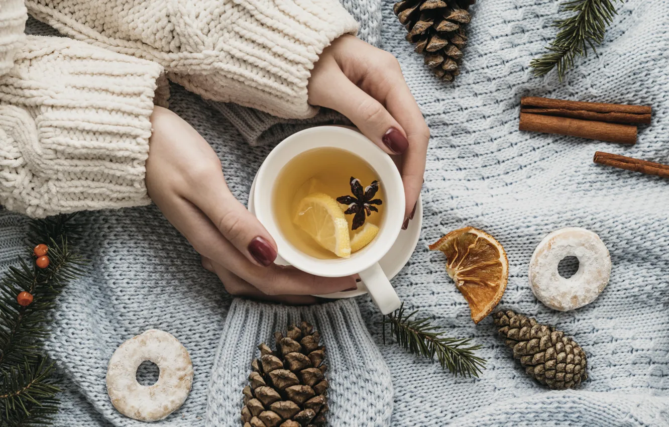 Photo wallpaper tea, hands, cookies, Cup, New year, needles, bumps, lemons