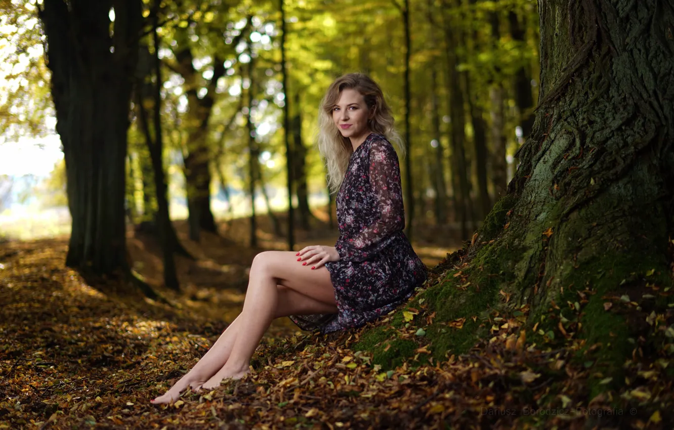 Photo wallpaper autumn, girl, trees, nature, pose, smile, barefoot, dress