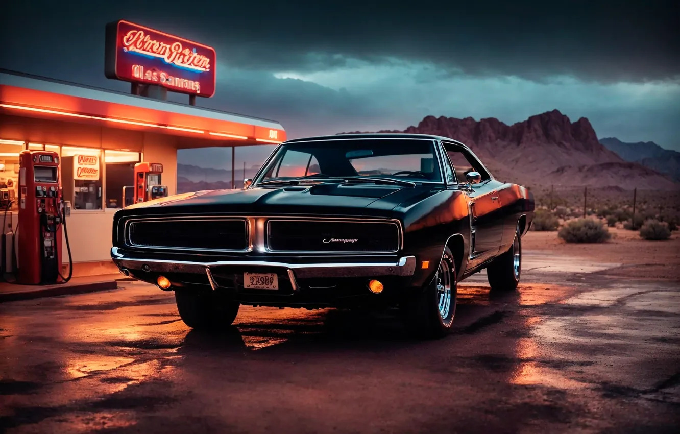 Photo wallpaper machine, auto, Dodge Charger, gas station, neural network, Dodge Charger 1969