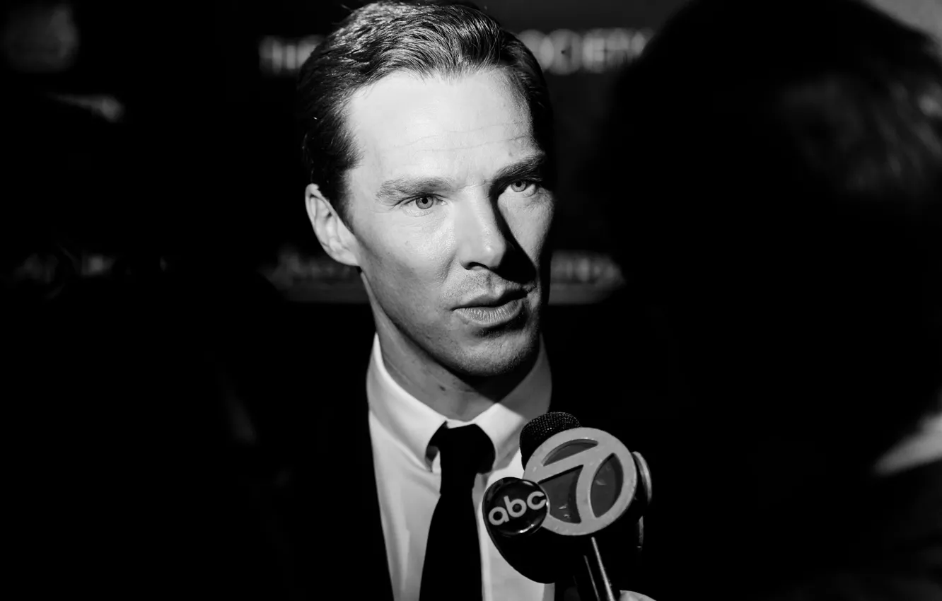 Photo wallpaper background, microphone, Benedict Cumberbatch, Benedict Cumberbatch, interview, black and white photo