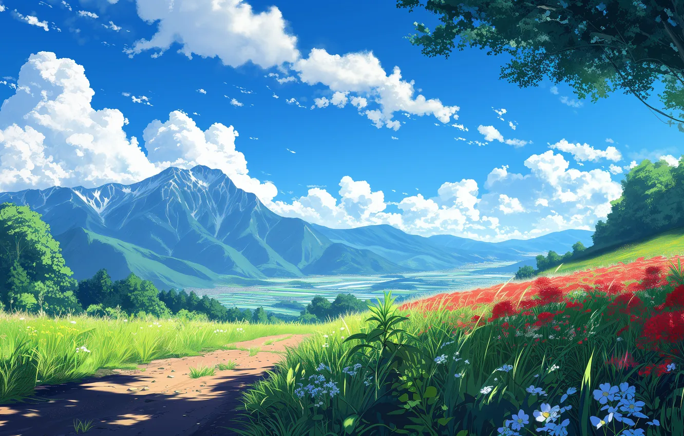 Photo wallpaper the sky, clouds, flowers, mountains, anime