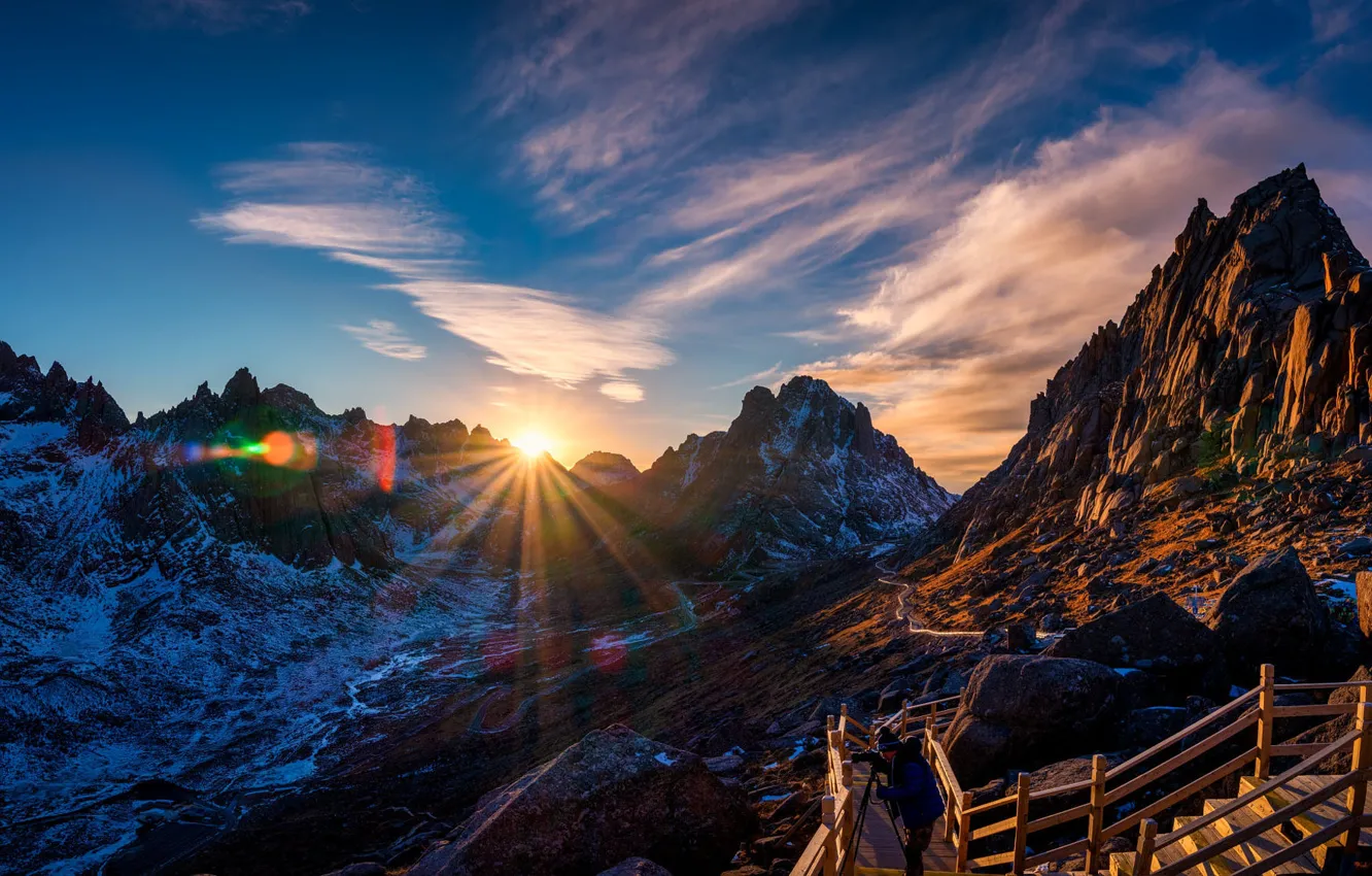 Photo wallpaper the sky, the sun, clouds, rays, snow, mountains, glare, blue