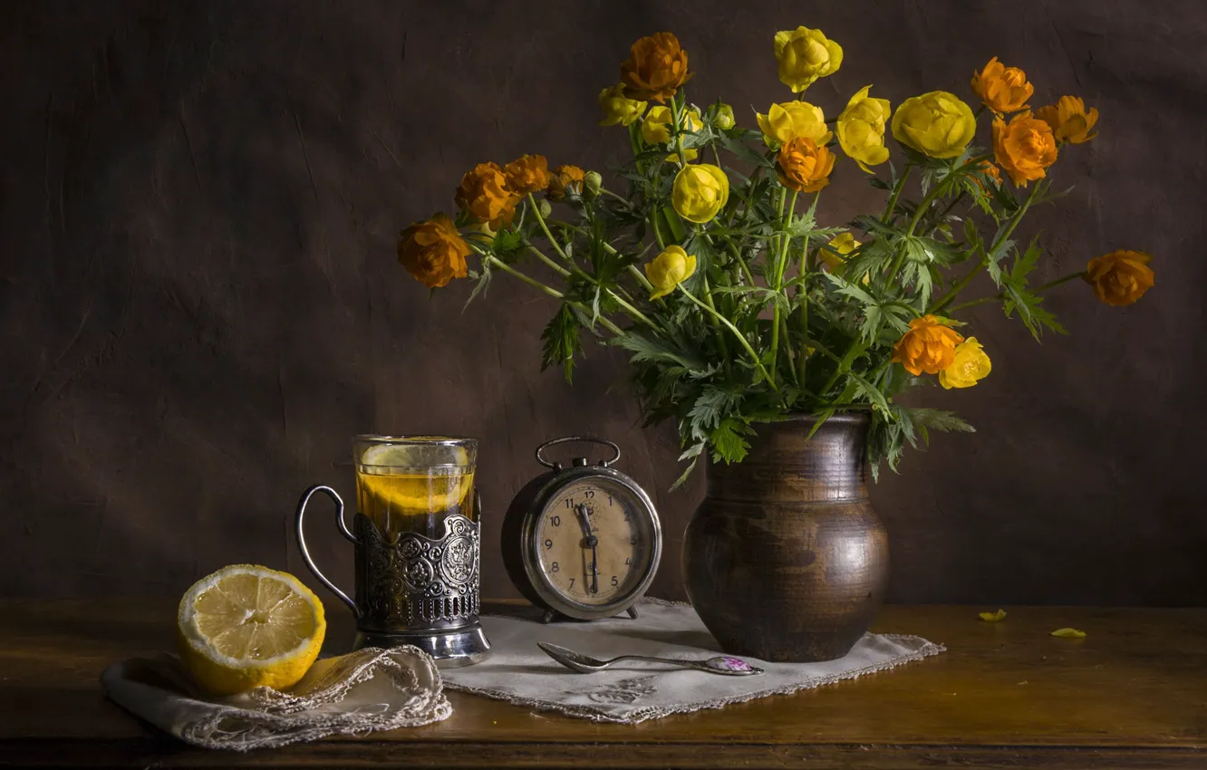 Photo wallpaper glass, lemon, tea, watch, marigold