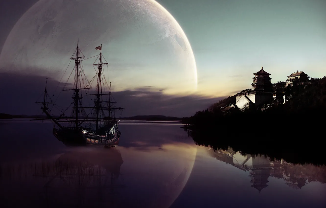 Photo wallpaper night, the city, river, the moon, ship
