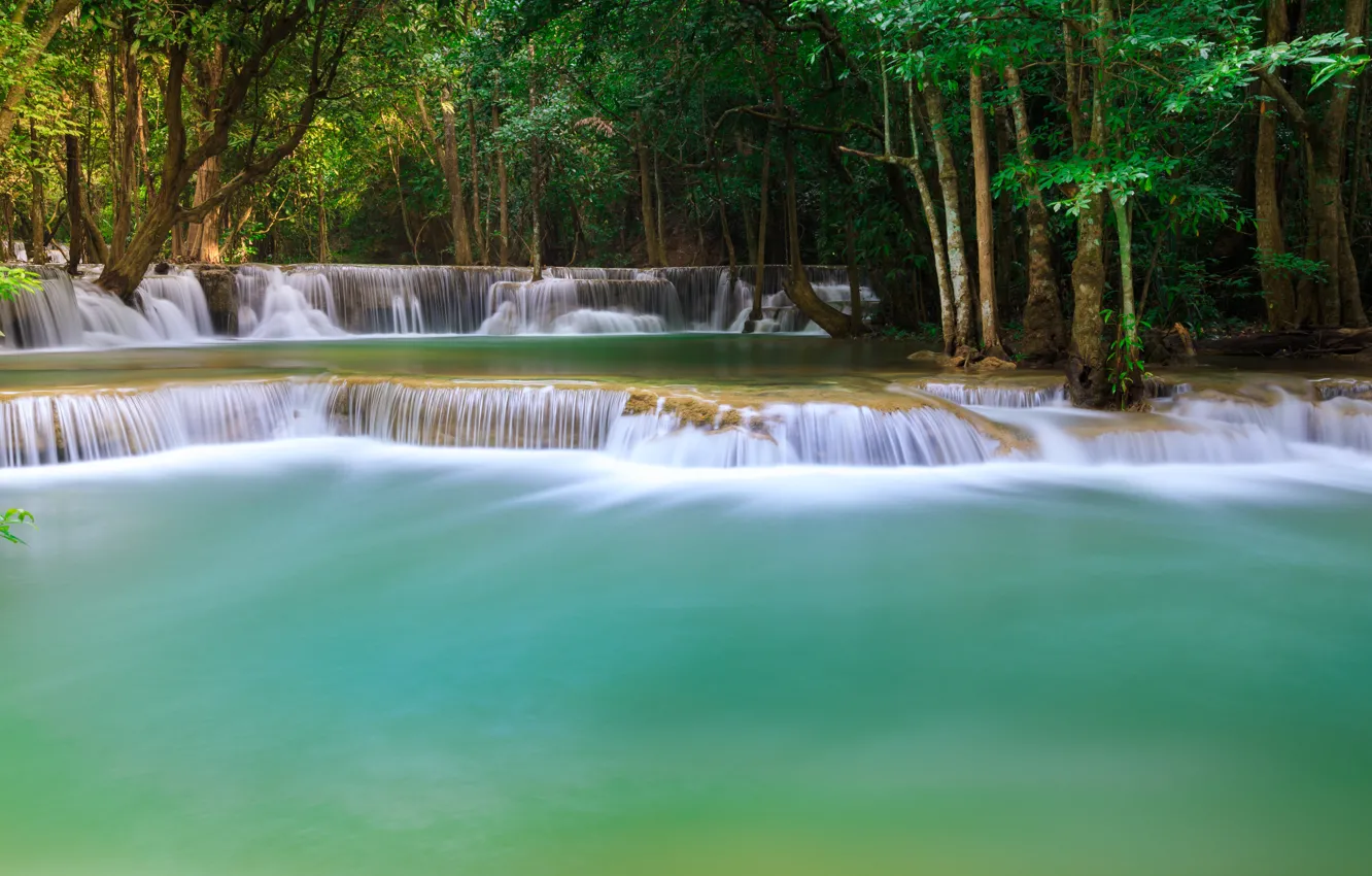 Photo wallpaper forest, landscape, river, rocks, waterfall, summer, forest, tropical
