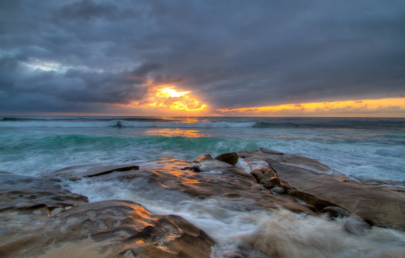 Photo wallpaper sea, wave, the sky, clouds, light, sunset, stones, stream