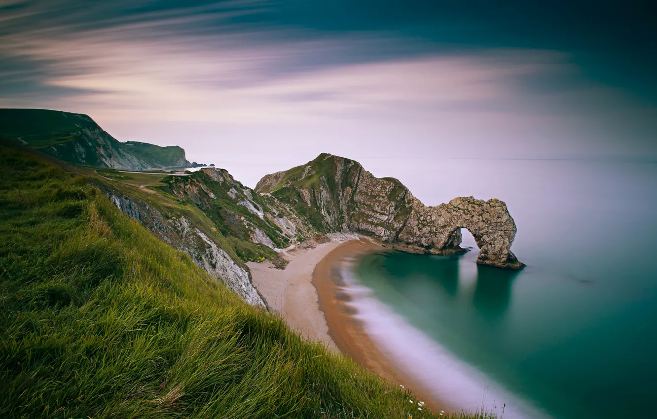 Photo wallpaper sea, the sky, grass, clouds, open, rocks, shore, arch