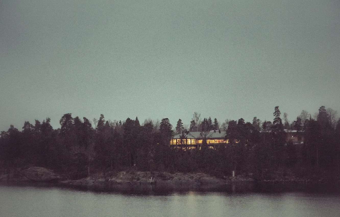 Photo wallpaper sea, trees, landscape, lights, house, island, Night, Sweden