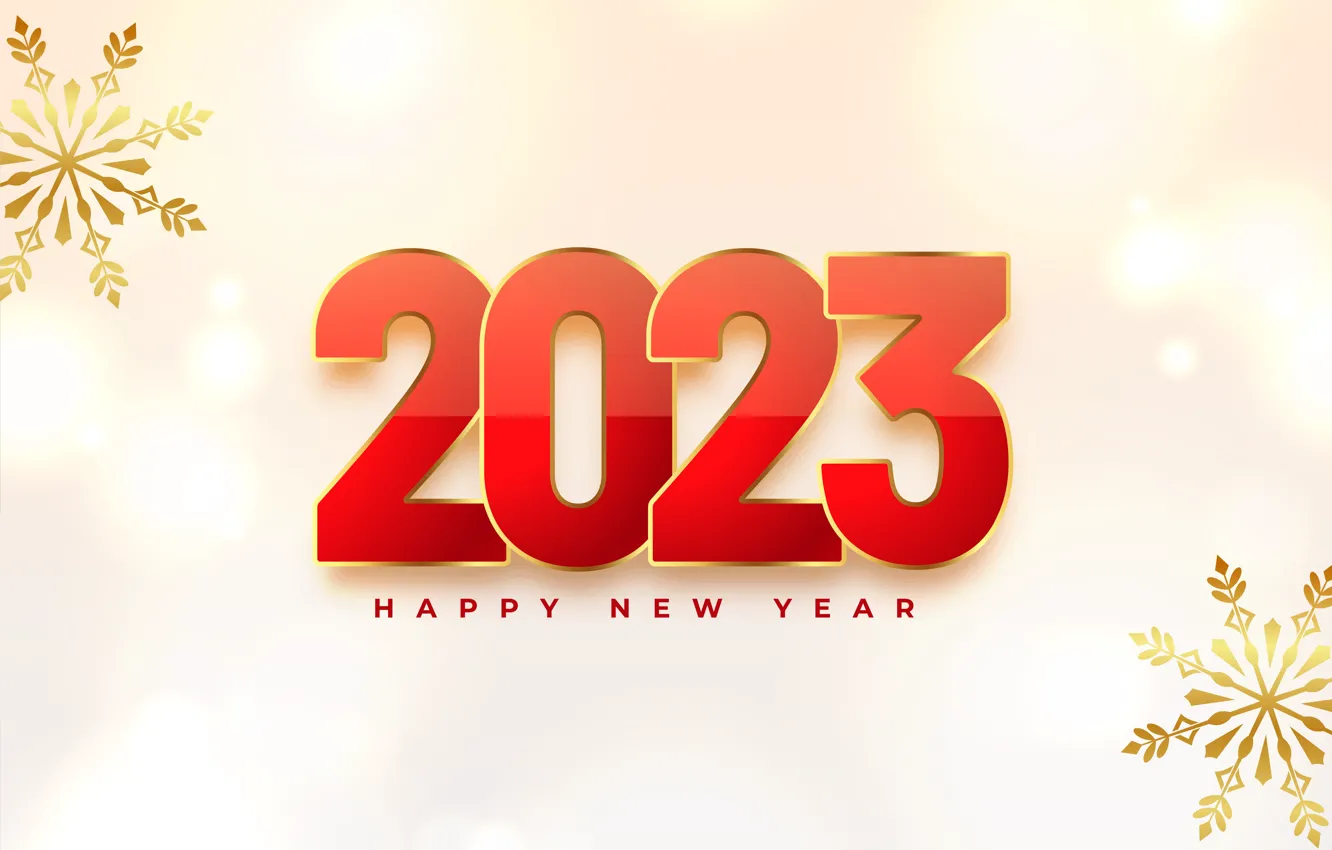 Photo wallpaper snowflakes, red, new year, figures, light background, date, bokeh, 2023