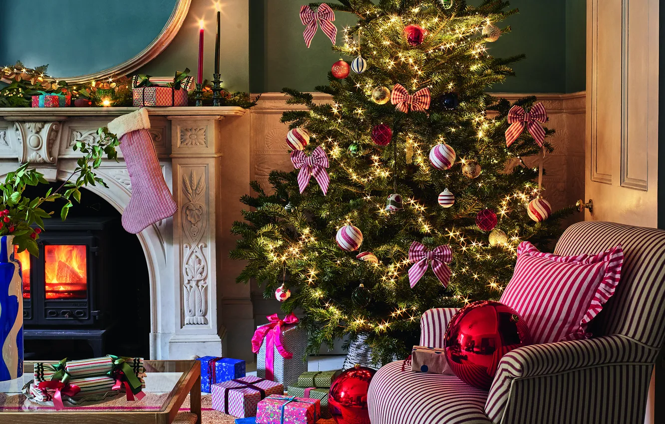 Photo wallpaper decoration, lights, heat, room, gift, tree, new year, chair