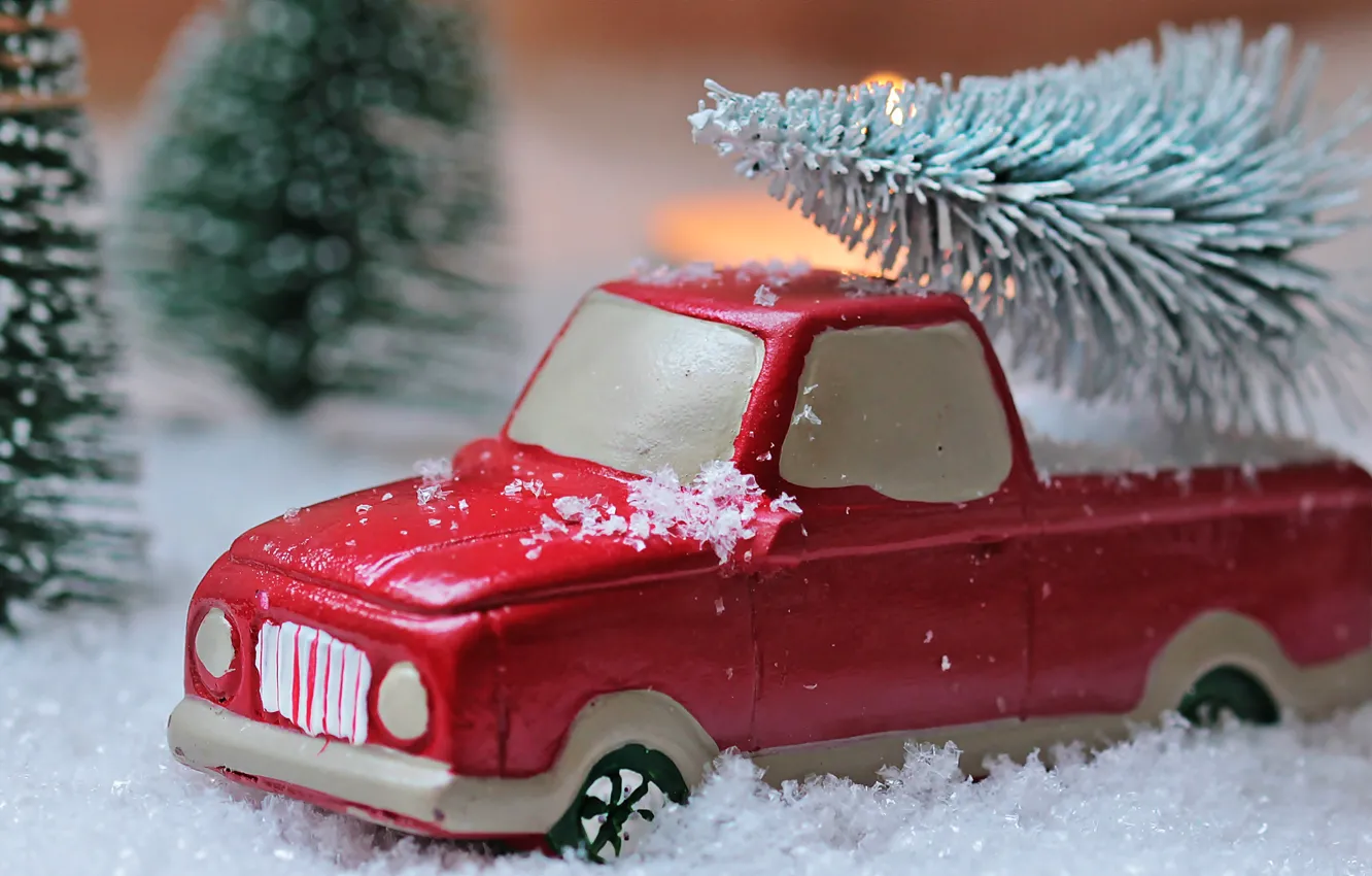 Photo wallpaper winter, machine, auto, snow, toy, tree, new year, ate