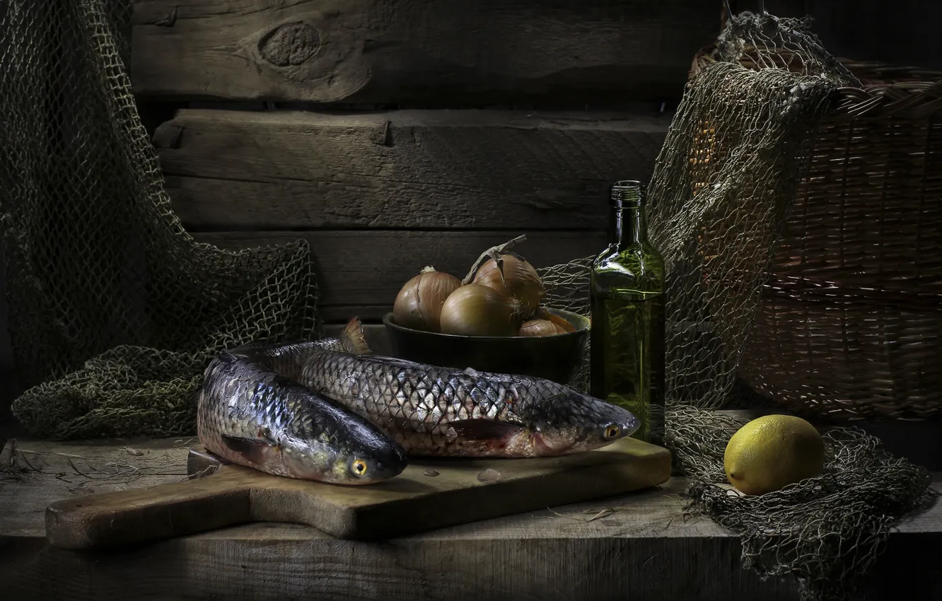 Photo wallpaper lemon, oil, fish, bow
