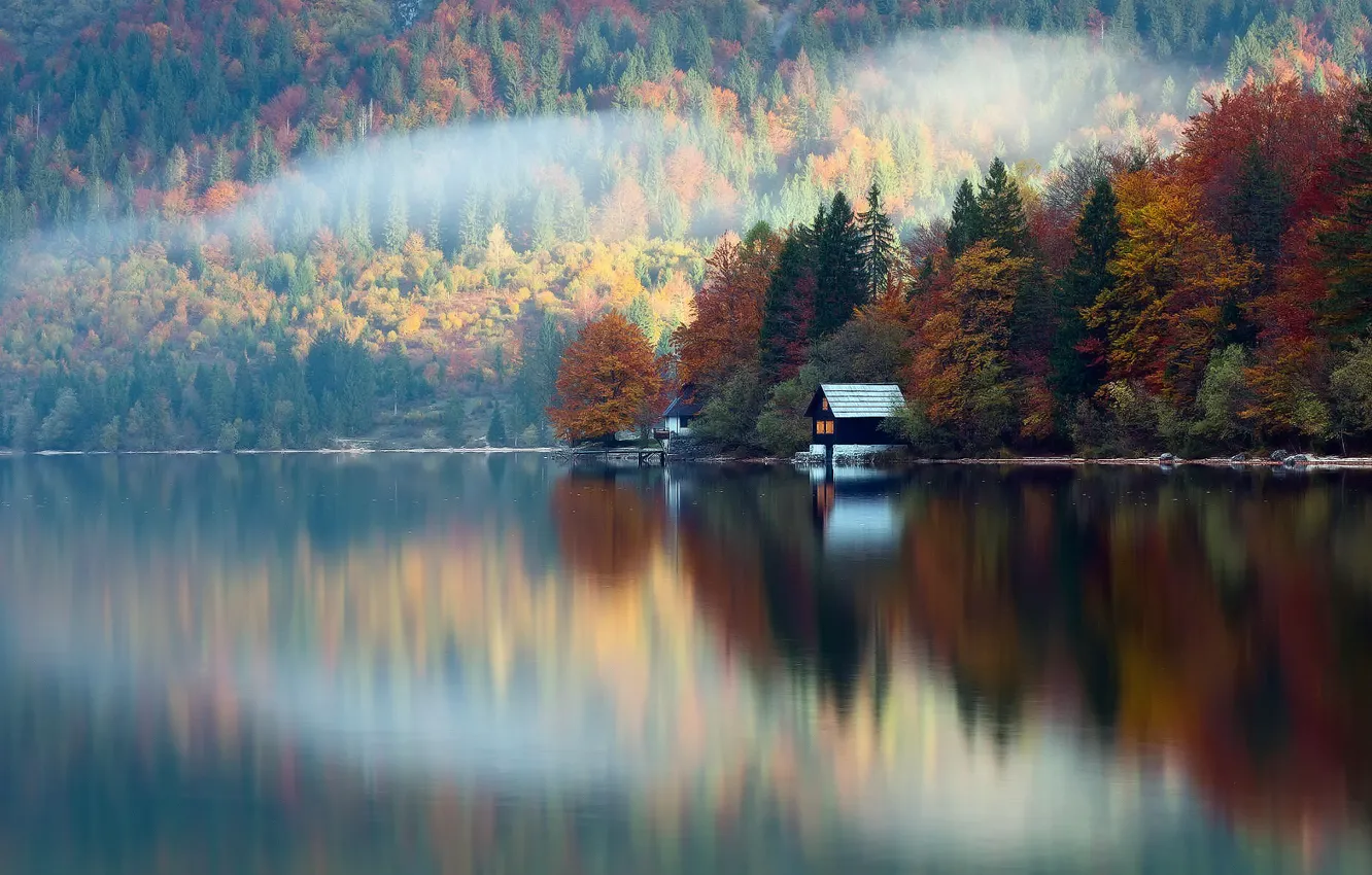 Photo wallpaper autumn, forest, reflection, lake, house, Slovenia, October