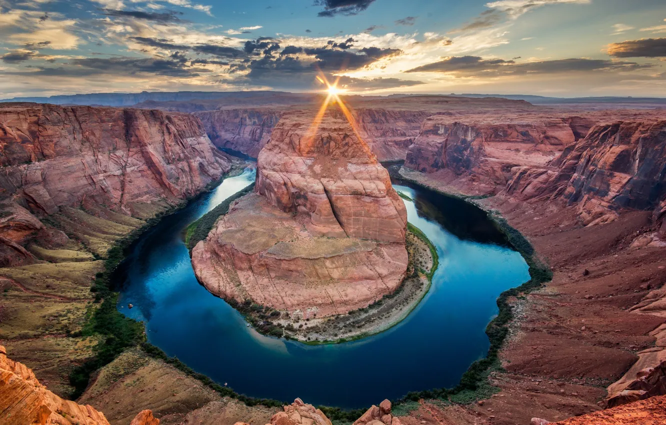 Photo wallpaper the sky, the sun, clouds, rays, river, Colorado, canyon, AZ
