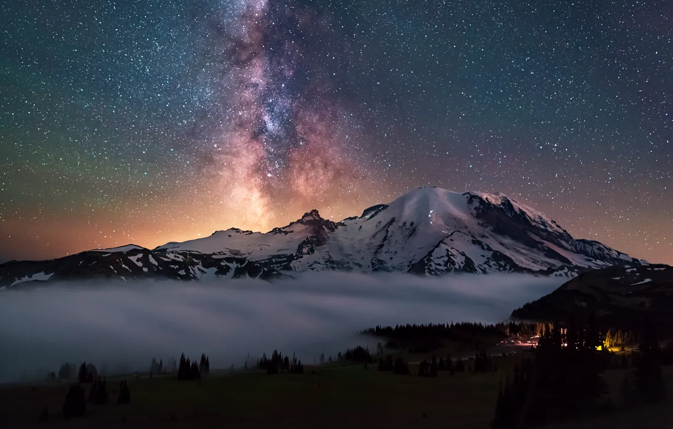 Photo wallpaper forest, the sky, stars, light, night, lights, mountain, USA