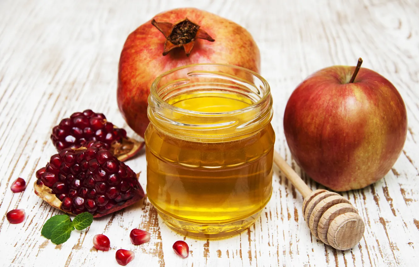 Photo wallpaper table, apples, honey, Bank, fruit, bokeh, garnet