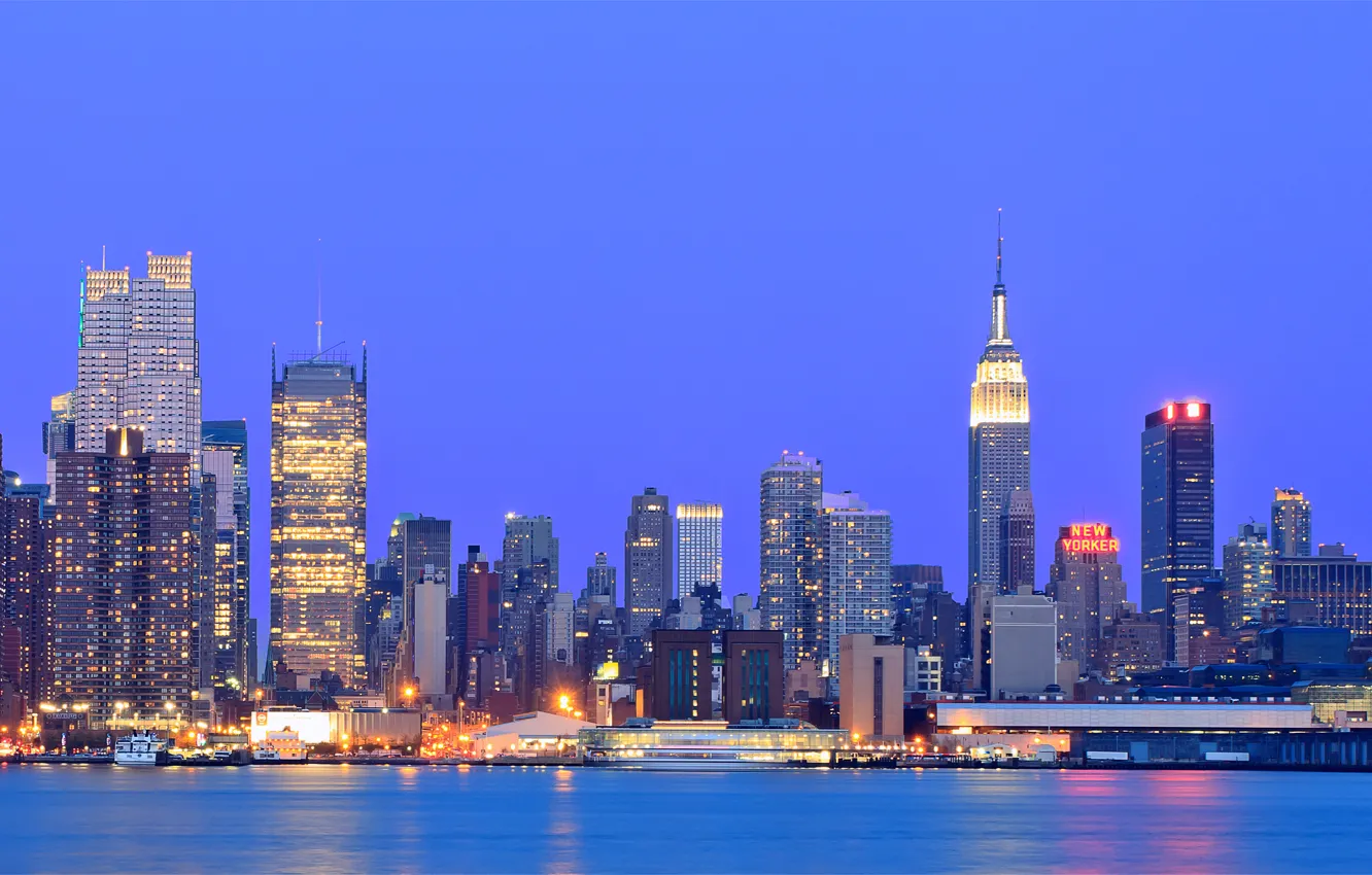 Photo wallpaper the sky, lights, river, building, New York, skyscrapers, the evening, backlight