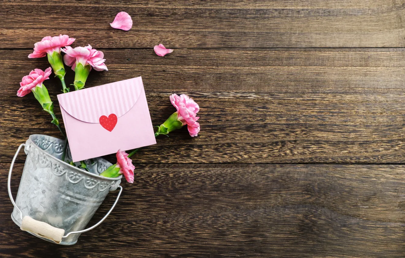 Photo wallpaper flowers, hearts, the envelope, bucket, clove