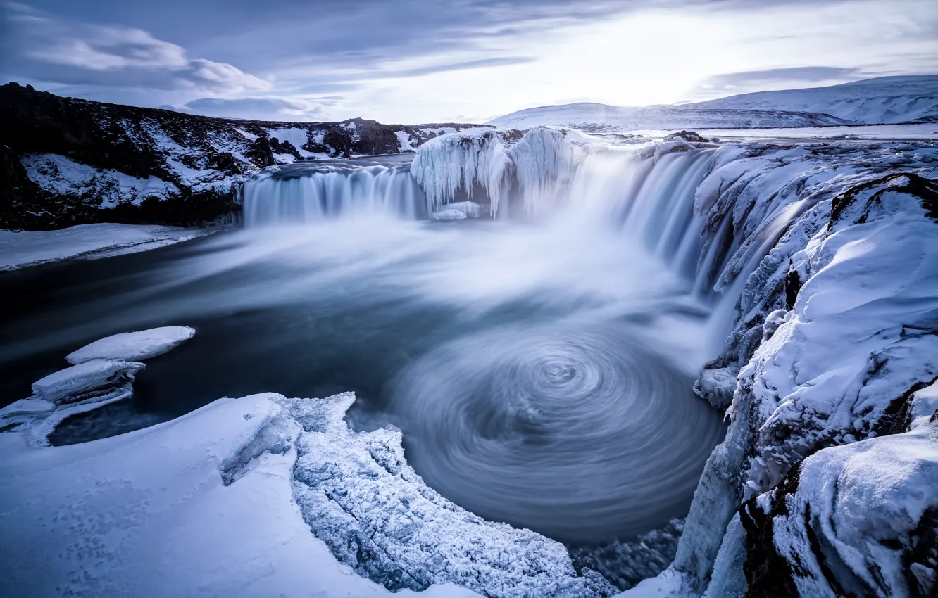 Photo wallpaper ice, winter, clouds, light, snow, mountains, rocks, shore