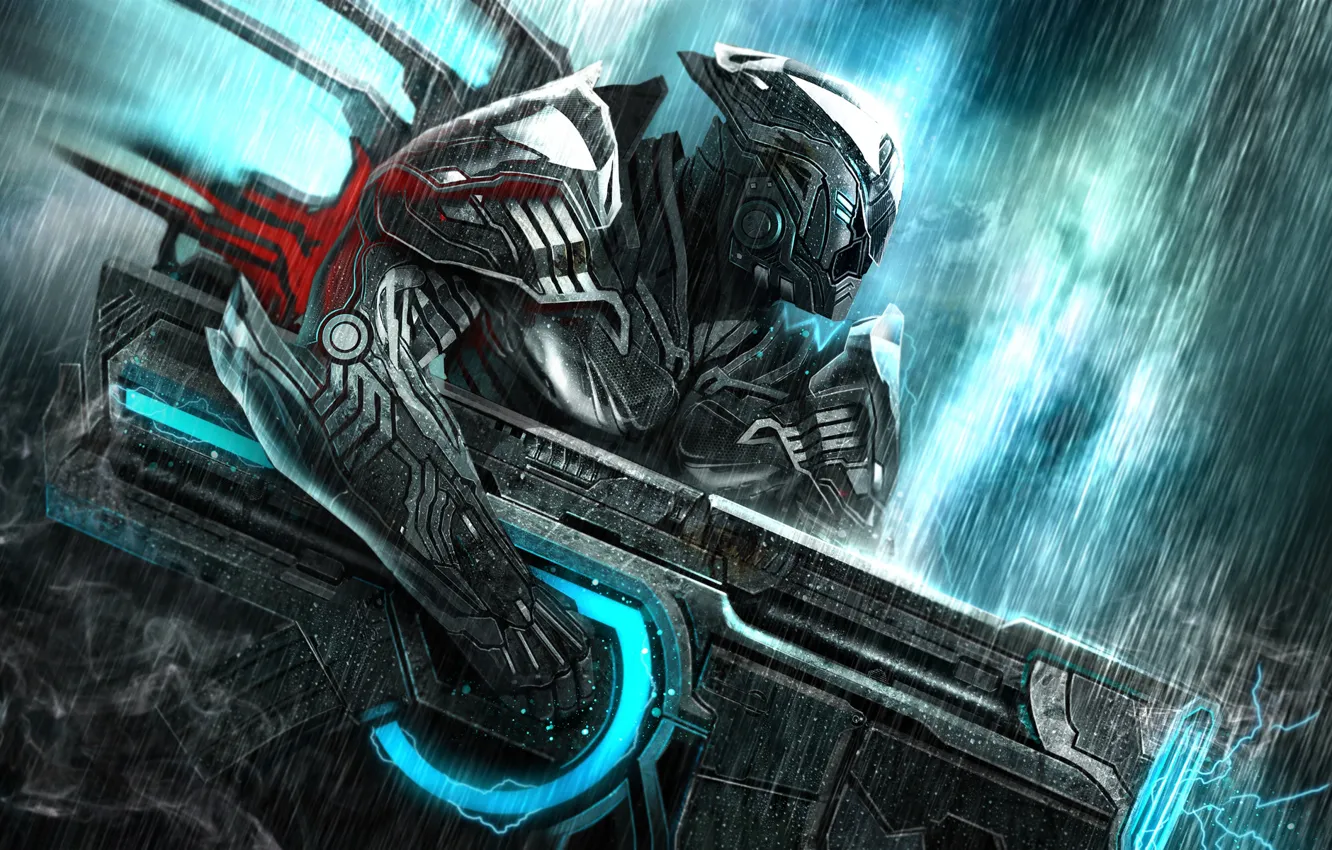 Photo wallpaper energy, rain, smoke, warrior, gun, armor
