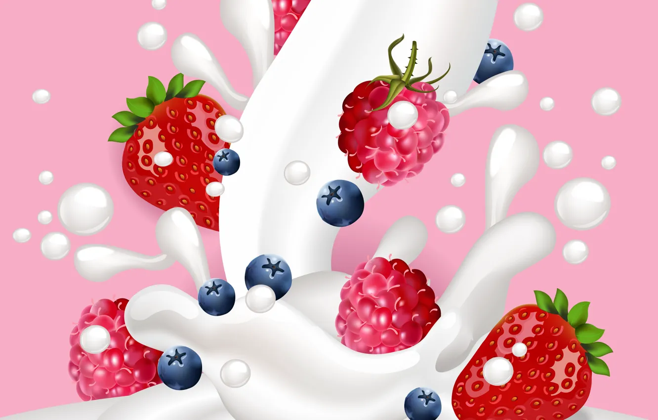 Photo wallpaper squirt, berries, splash, milk