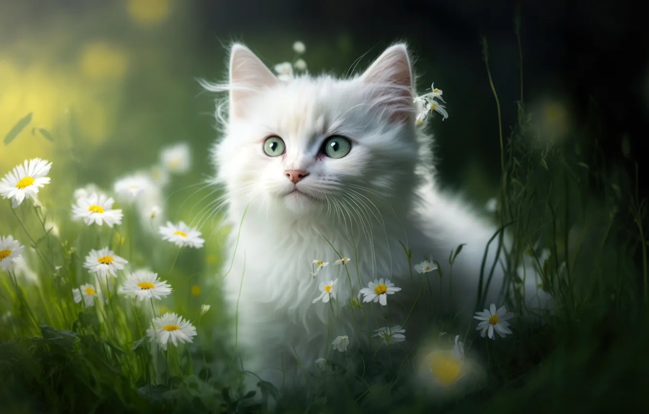 Photo wallpaper animals, kitten, cute, green grass, white fur, Daisy Flowers, AI Art, White aesthetic