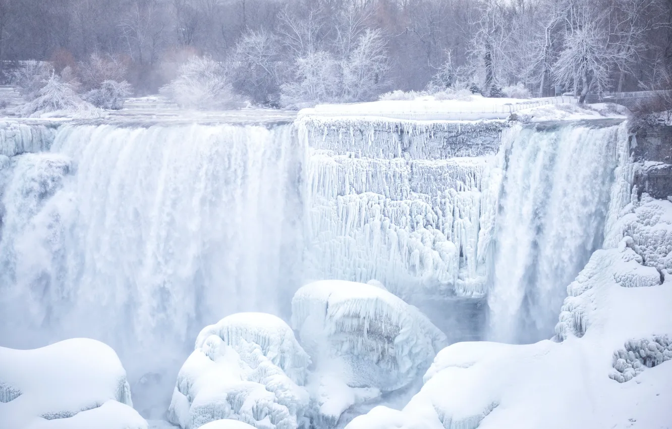 Photo wallpaper winter, snow, waterfall, ice, icicles, frozen