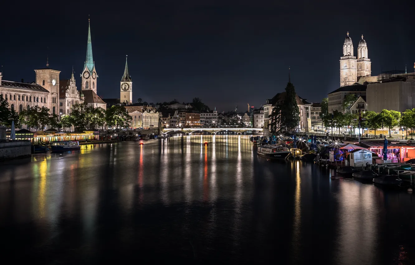 Photo wallpaper night, the city, Zurich