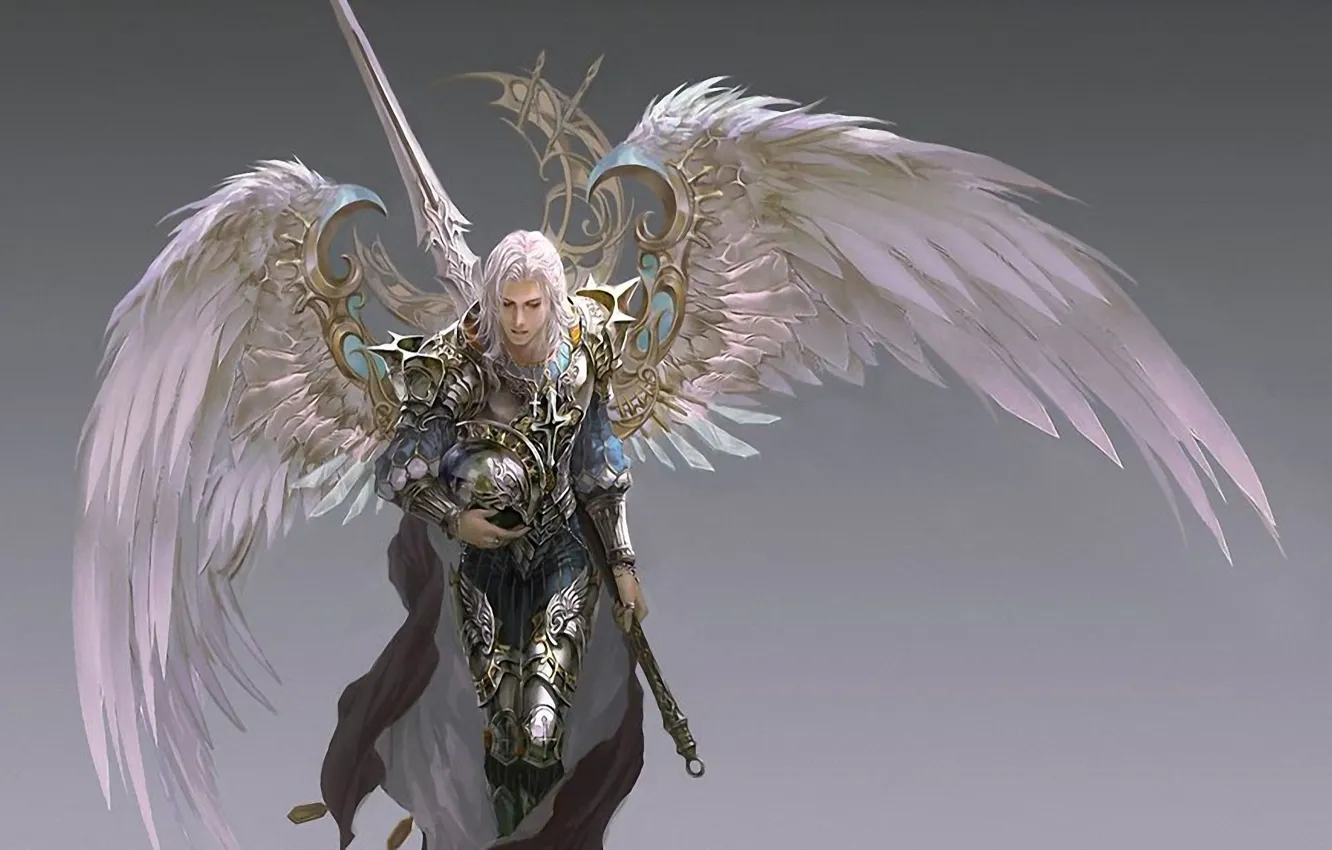 Photo wallpaper wings, sword, armor, warrior, helmet, cloak, grey background, Archangel