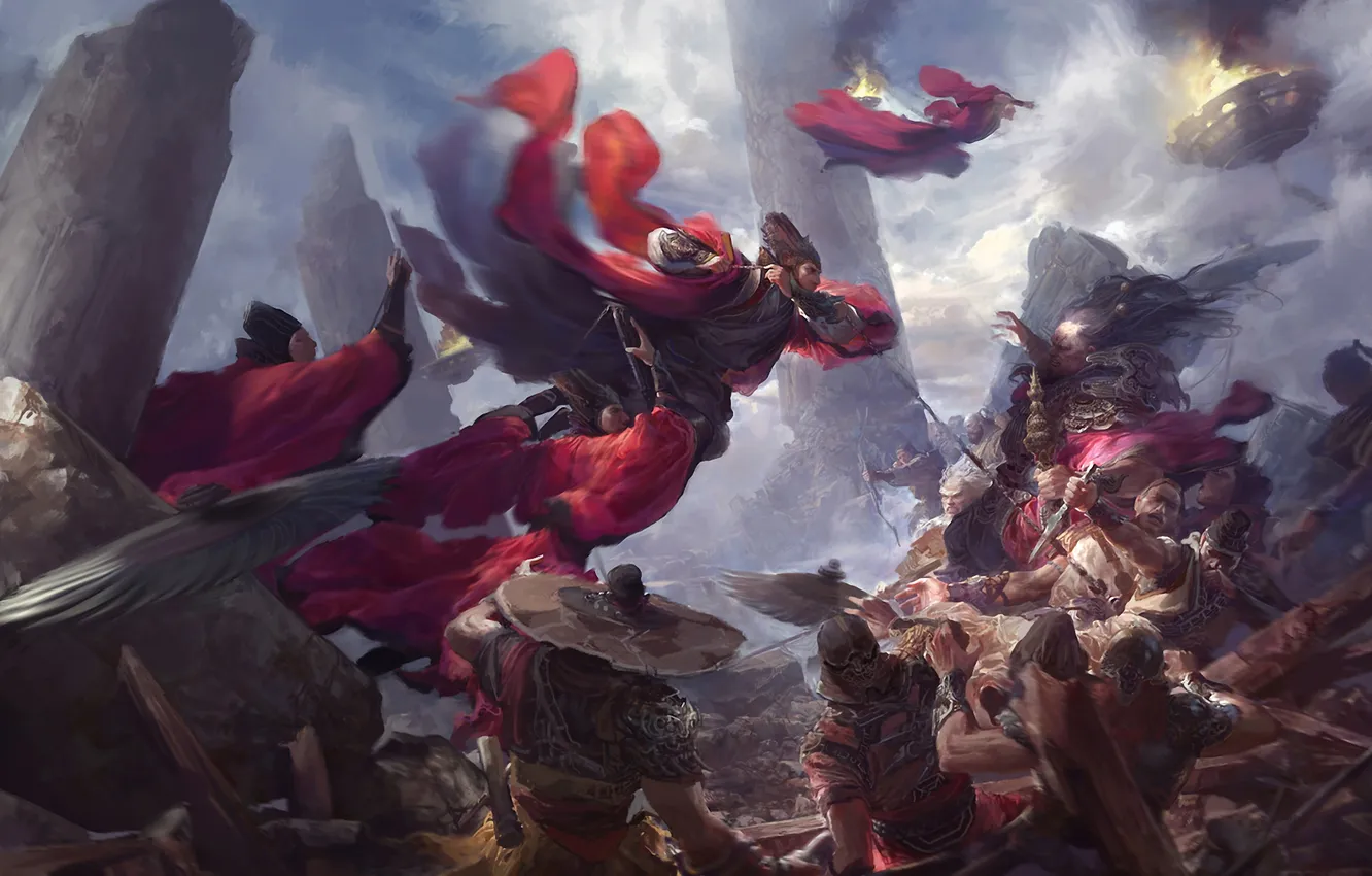 Photo wallpaper lights, fog, weapons, warrior, art, ruins, fight