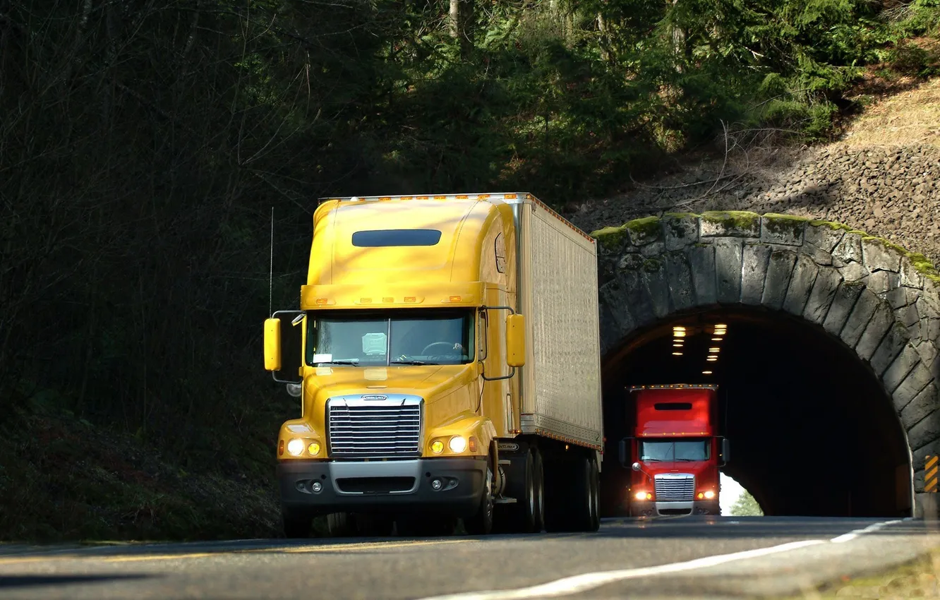 Photo wallpaper road, yellow, red, Truck, tunnel, truck, tractor, Freightliner