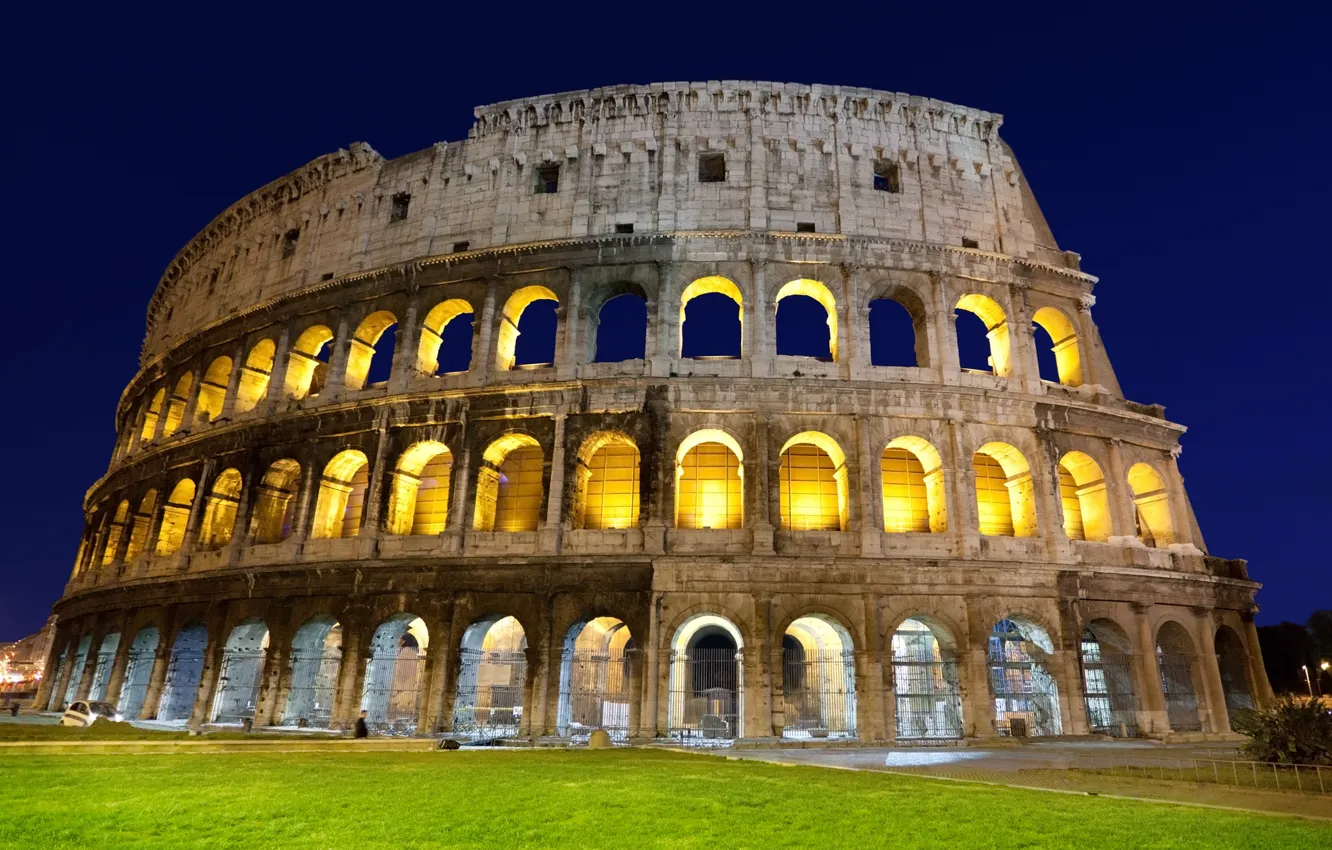 Photo wallpaper grass, light, the evening, Rome, Colosseum, Italy, architecture, Italy