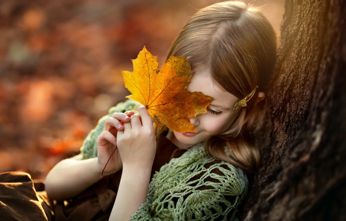 Photo wallpaper autumn, sheet, tree, girl