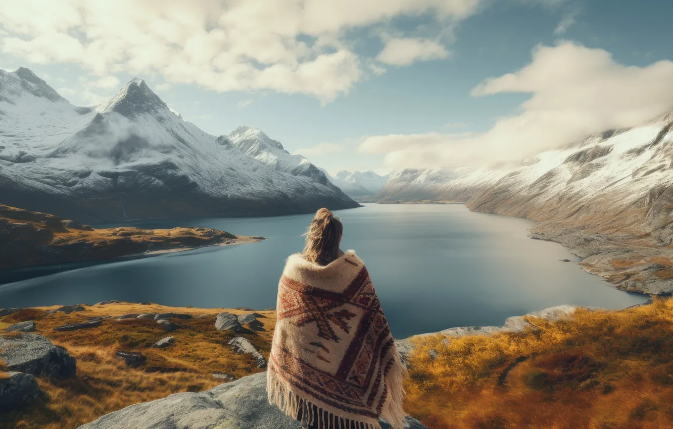 Photo wallpaper autumn, girl, clouds, mountains, shore, plaid, pond, sitting back
