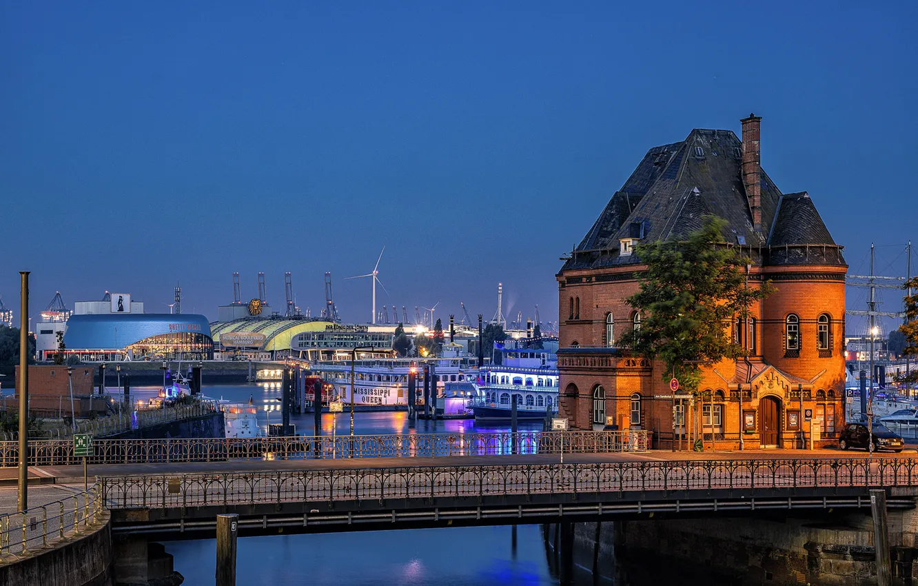 Photo wallpaper night, bridge, the city, house, river, the building, Germany, Hamburg