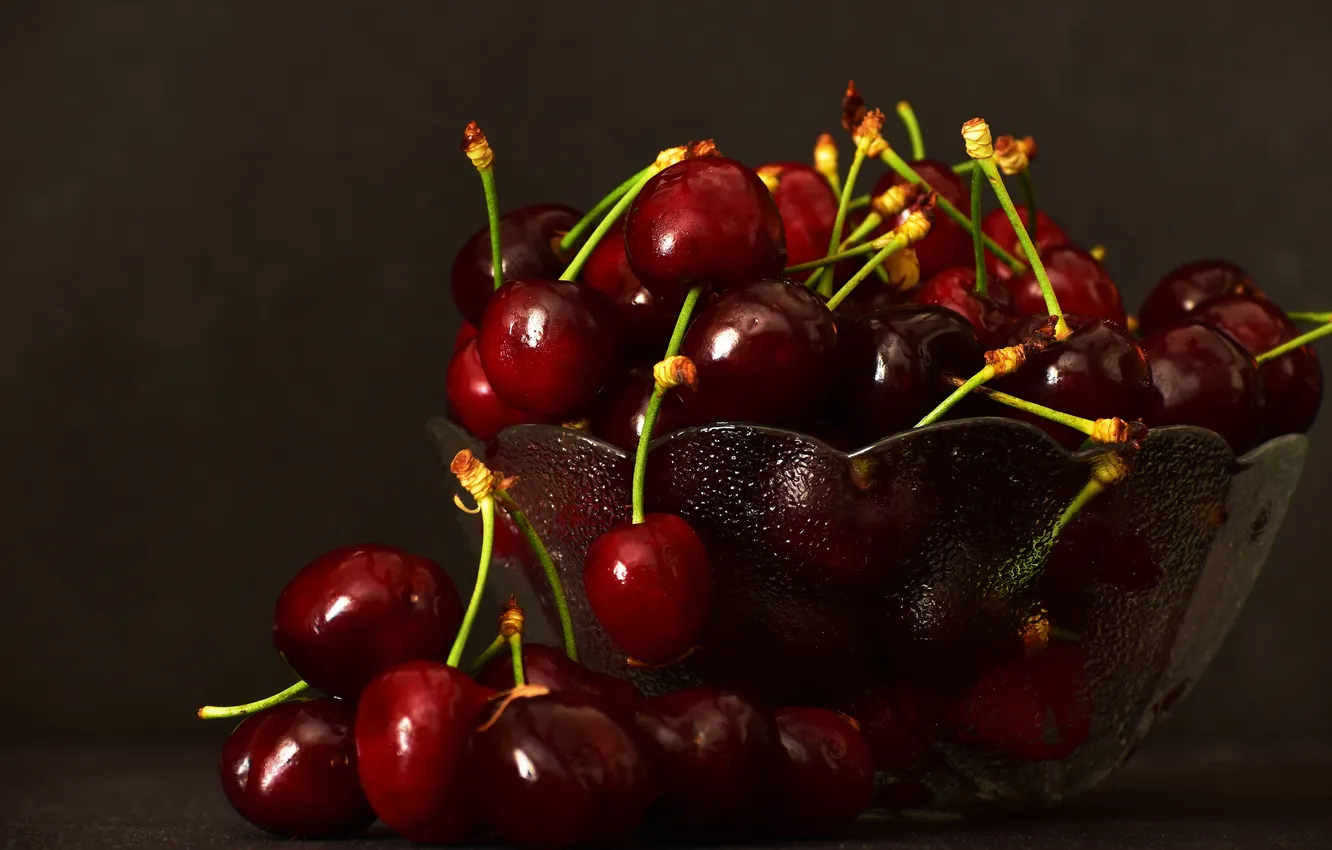Photo wallpaper light, cherry, glare, berries, the dark background, bowl, still life, cherry