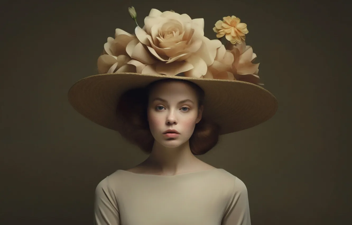 Photo wallpaper girl, flowers, hat, AI art