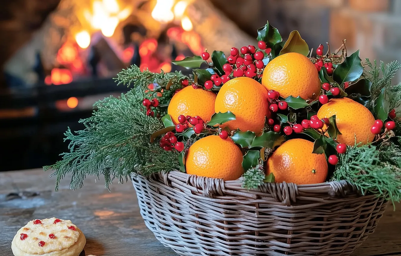 Photo wallpaper new year, orange, Christmas, fireplace, AI art, neural network