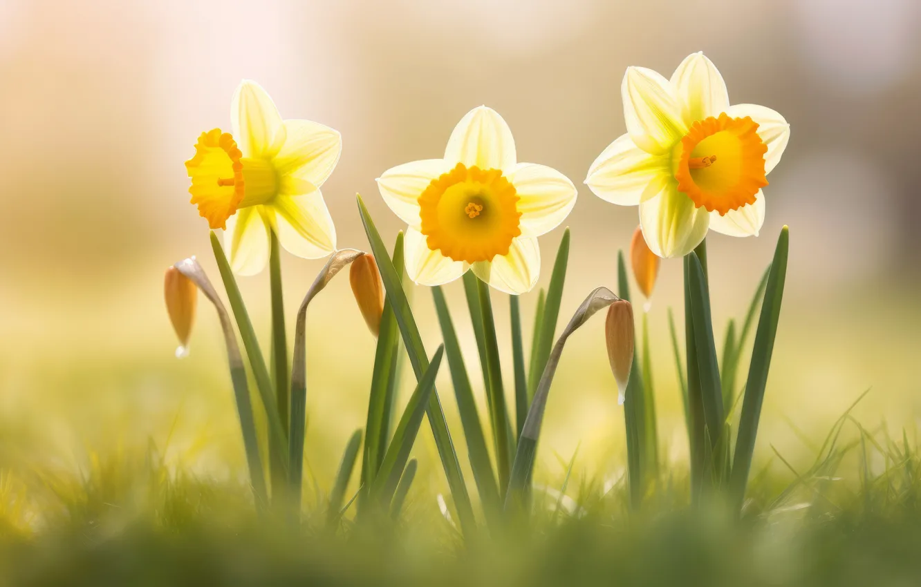 Photo wallpaper flowers, nature, spring, daffodils, AI art, neural network