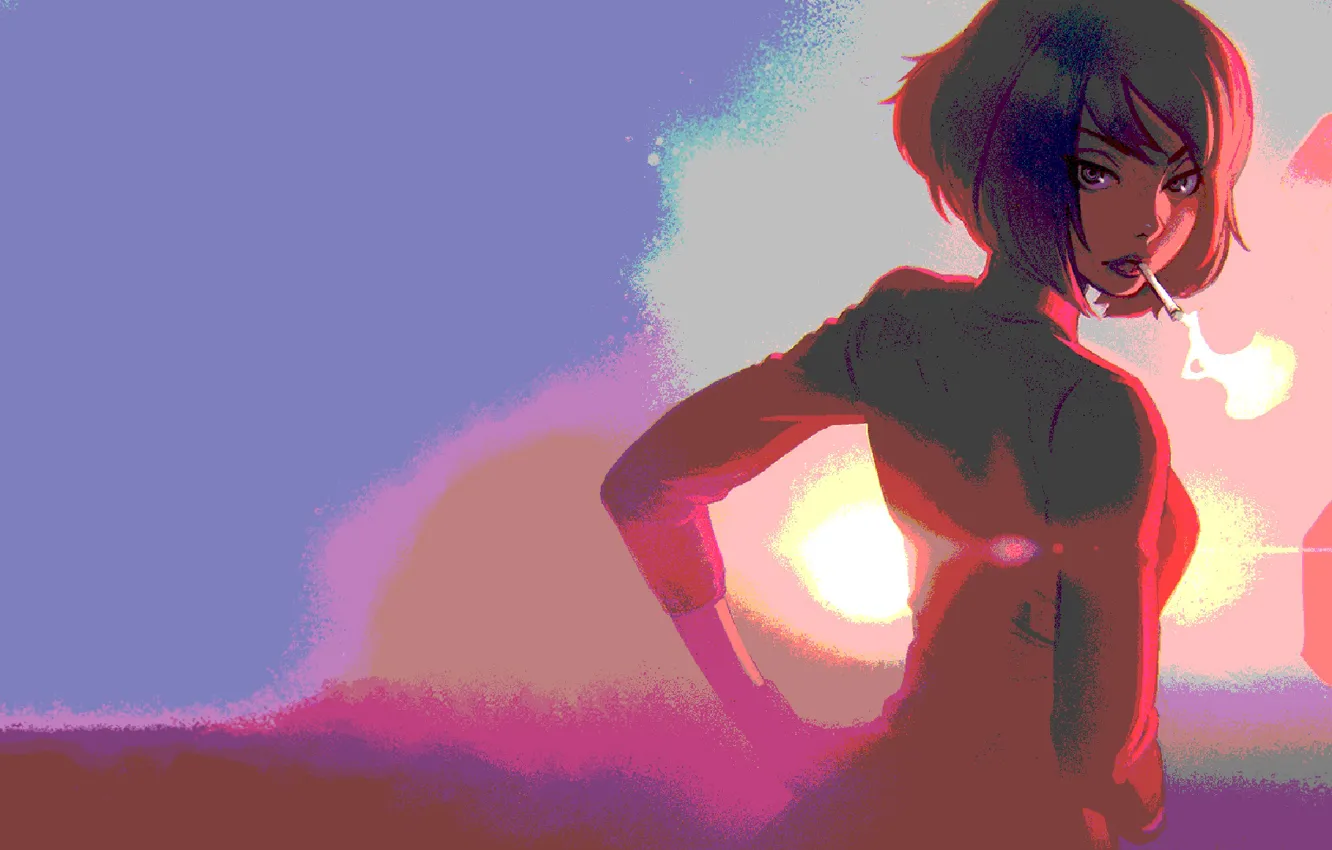 Photo wallpaper smoking, short hair, women, brunette, digital art, back, looking back, Ilya Kuvshinov