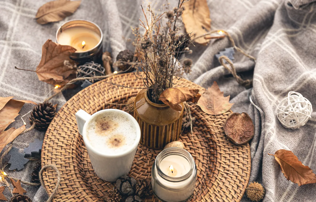 Photo wallpaper autumn, comfort, table, coffee, candle, candles, rope, Cup
