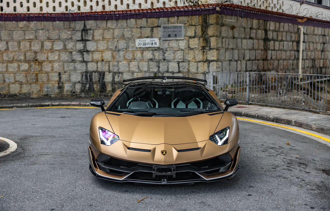 Photo wallpaper Roadster, Lamborghini, Front, Aventador, Lamborghini Aventador, Road, Supercar, Face