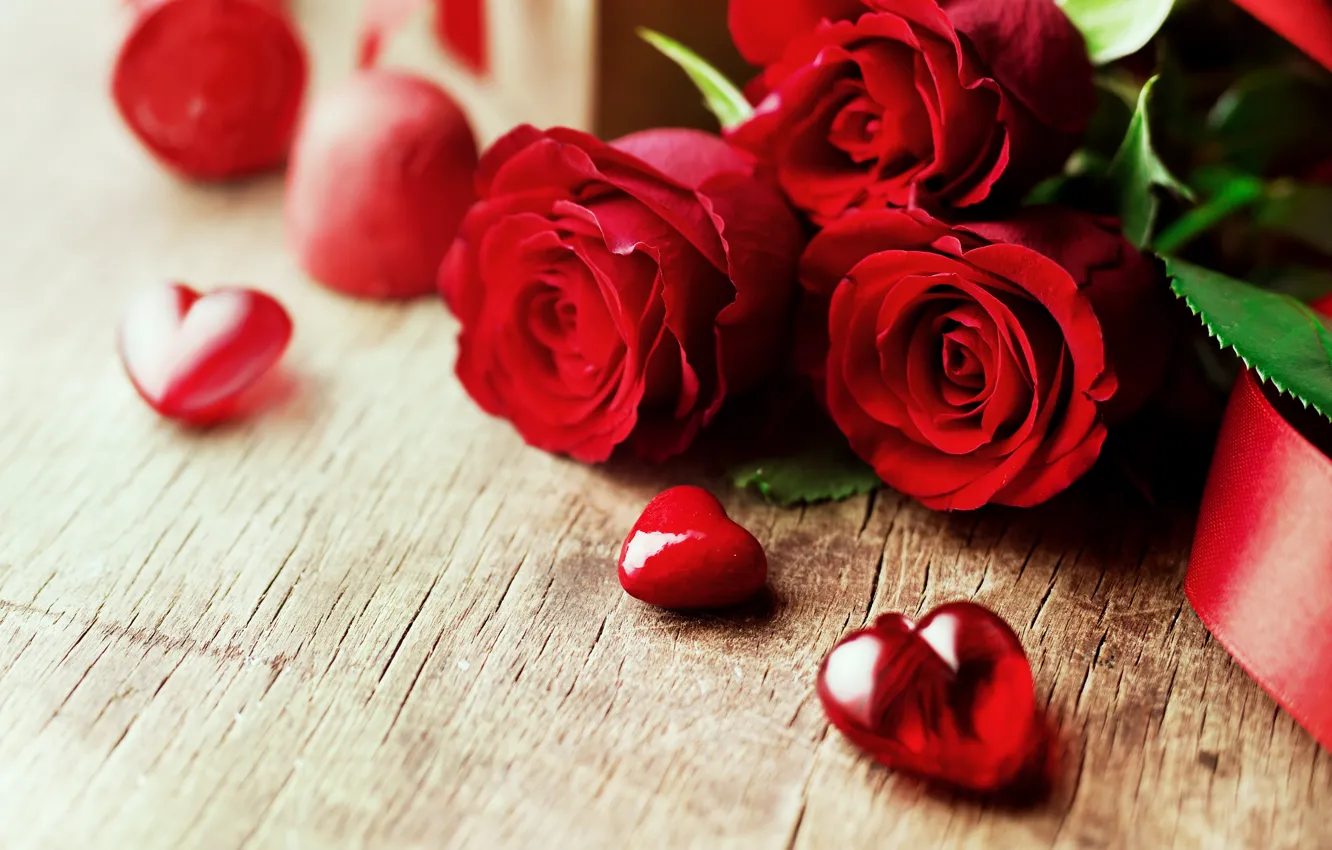 Photo wallpaper love, flowers, roses, bouquet, hearts, red, red, love