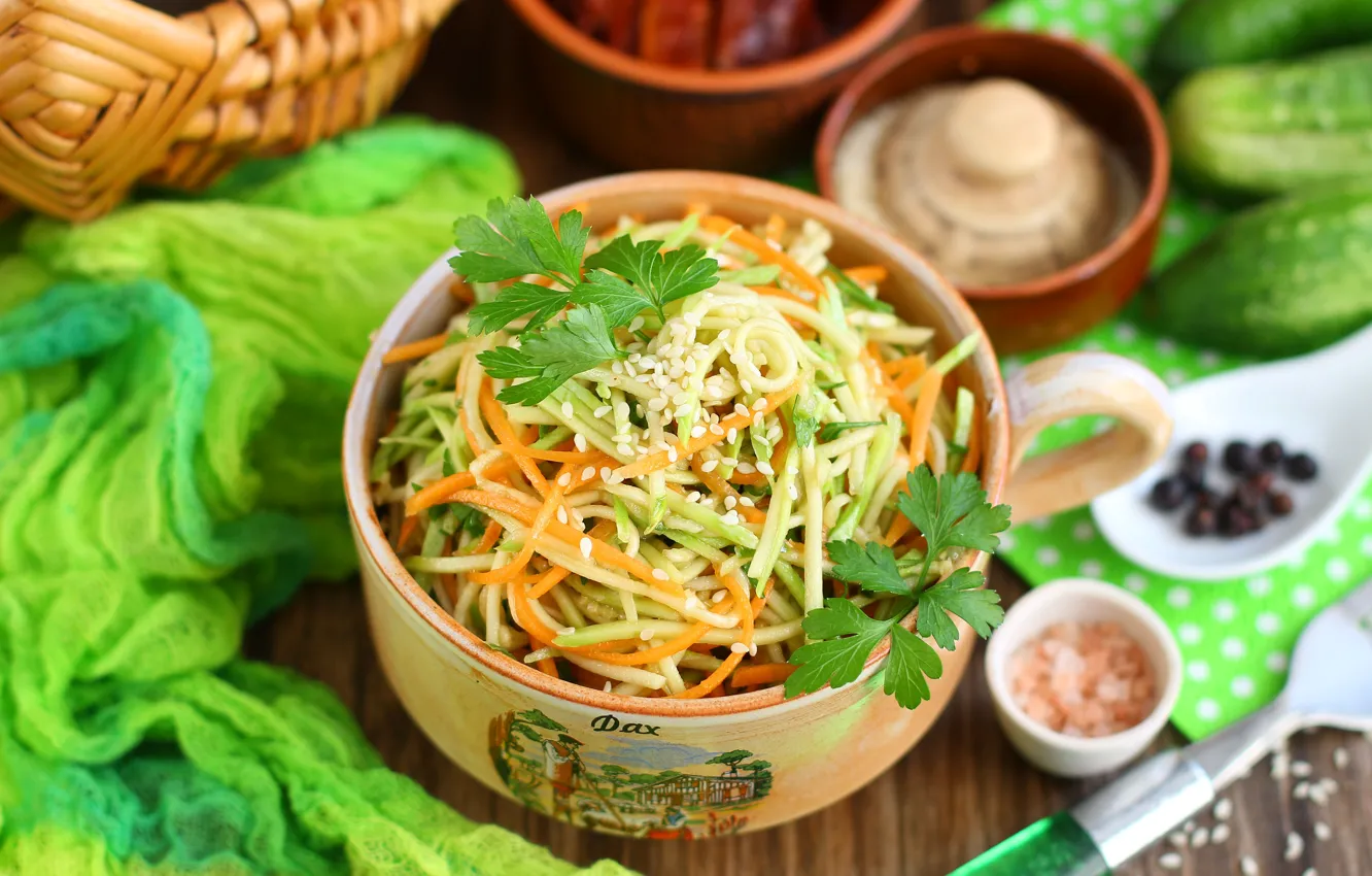 Photo wallpaper bowl, cucumbers, salad, zucchini