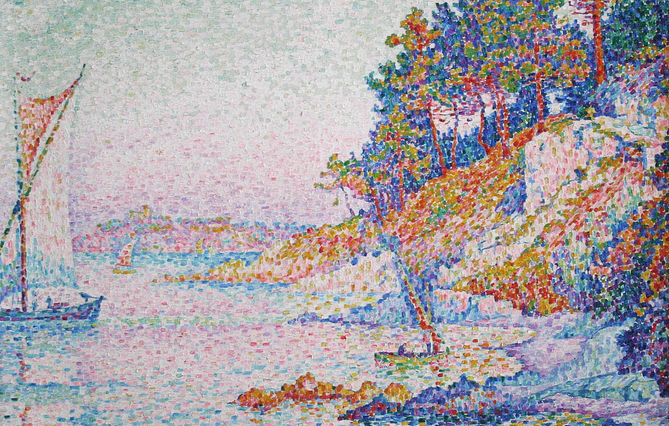 Photo wallpaper landscape, boat, picture, sail, Paul Signac, pointillism, Saint-Tropez. Kalanki