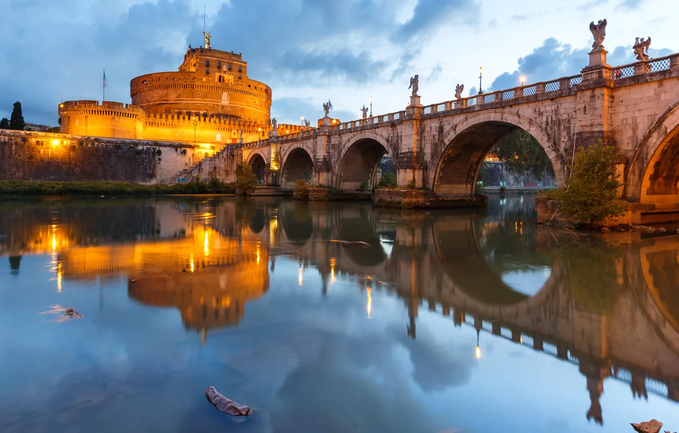 Photo wallpaper bridge, lights, river, Rome, Italy, The Tiber, Castel Sant'angelo