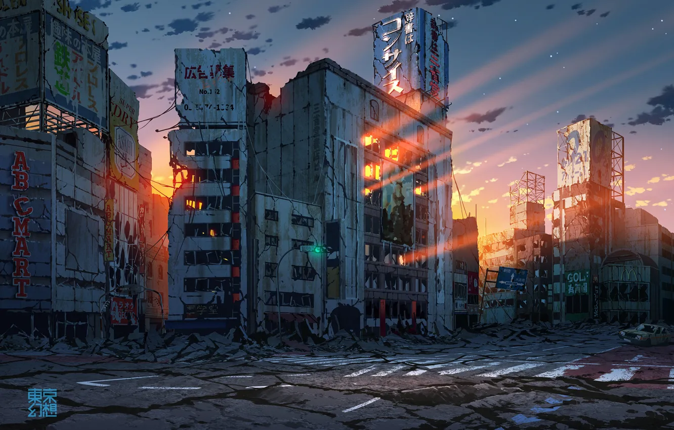 Photo wallpaper auto, sunset, Japan, Tokyo, ruins